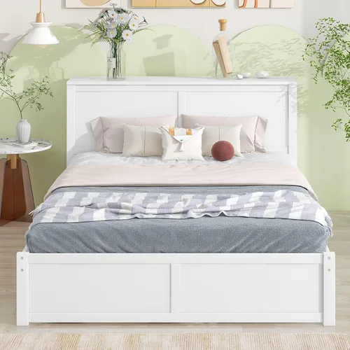 Miniatura 3 de RUNNA Elegante cama de plataforma de tamaño Queen con estantes extraíbles, cama de almacenamiento de madera con nido de tamaño individual
