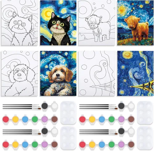 VOCHIC Paquete de 4 Kits de Sip and Paint, Lienzo Predibujado para Pintar para Adultos, Noche de Chicas, Kit de Pintura para Parejas Juegos de Noche