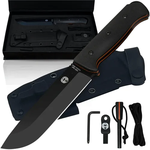 Holtzman's Gorilla Survival Bushwhacker Cuchillo de hoja fija con arrancador de fuego, raspador G10 y Paracord (negro) - Ideal para acampar y Negro