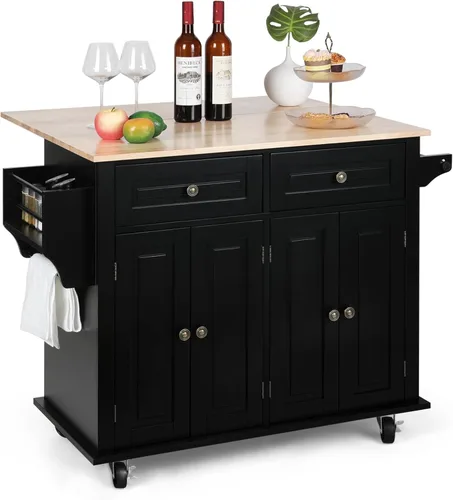 VOWNER Isla de cocina de 43 pulgadas de ancho con hoja caída, isla de cocina rodante con cajones, cocina portátil con almacenamiento, carrito de