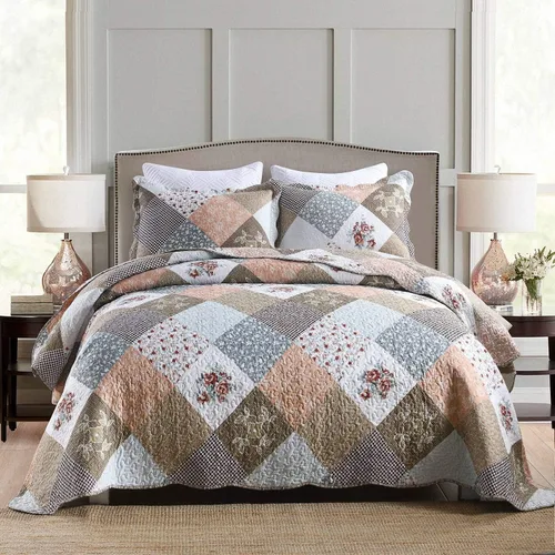 Homcosan - Juego de colchas para cama tamaño King (98x106 pulgadas), diseño reversible de retazos florales en moka, colcha ligera para todas las