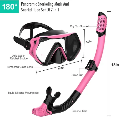Miniatura 5 de Equipo de esnórquel para adultos, juego de máscara de esnórquel JRing con vidrio templado de 180 grados, gafas antivaho para buceo, esnórquel