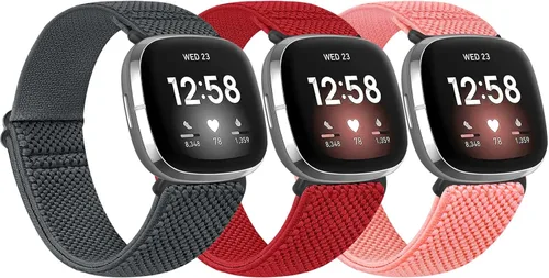Miniatura 10 de Paquete de 3 correas elásticas de nailon compatibles con Fitbit Versa 4/Versa 3/Sense 2/Sense, suave, ajustable, transpirable, correas de repuesto