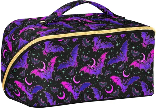 Miniatura 9 de Bolsa Organizadora de Maquillaje, Bolsa de Maquillaje de Halloween con Murciélagos Negros y Cielo Nocturno con Estrellas, Bolsa de Maquillaje