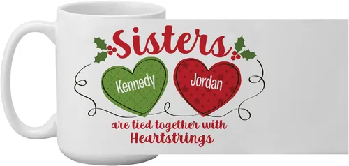 Miniatura 7 de Let's Make Memories Taza personalizada para hermanas – Taza de café personalizada – Heartstrings – 2–6 nombres – Mango blanco – 15 oz Sisters