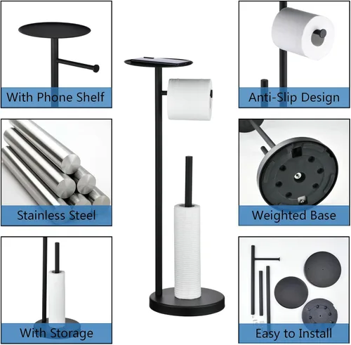 Miniatura 3 de Soporte de papel higiénico con estante, Soporte de rollo de papel higiénico independiente con reserva de almacenamiento, Soporte de piso dispensador
