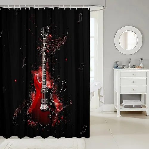 Miniatura 2 de Cortina de ducha de guitarra roja, cortina de baño de música Hip Pop, decoración de baño para niños y niñas, cortina de baño de guitarra de moda