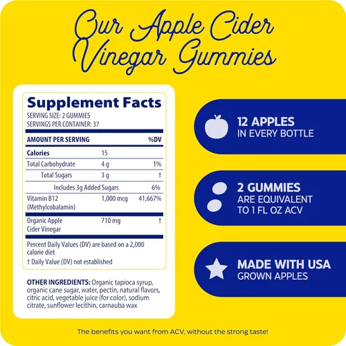 Miniatura 9 de Enzymedica Suplemento de vinagre de sidra de manzana para mujeres y hombres, gomitas de vinagre de sidra de manzana con madre, 1000 mcg de vitamina