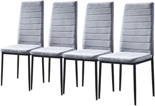 Miniatura 6 de Juego de 4 sillas de comedor modernas, juego de sillas de cocina de terciopelo gris tapizadas con marco de metal para apartamentos pequeños y comedor