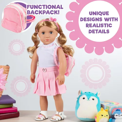 Miniatura 5 de Conjunto de 5 piezas de muñeca escolar casual de 18 pulgadas con mochila rosa, compatible con American Girl, juego de ropa y accesorios de alta