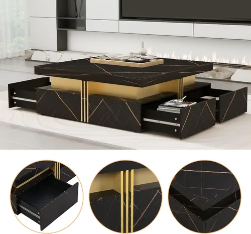 Miniatura 4 de SSLine Moderna mesa de centro cuadrada de color negro y dorado, mesa de centro de cóctel de mármol sintético de lujo con 4 cajones