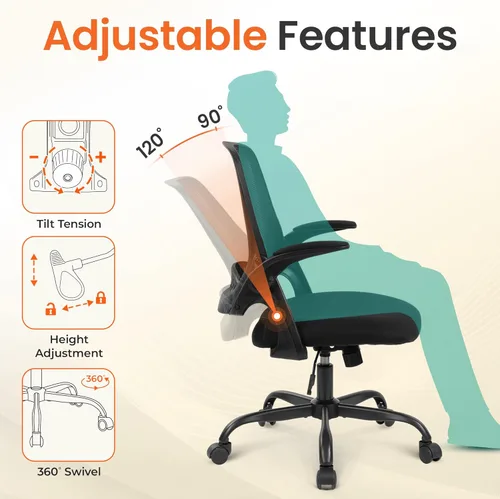 Miniatura 5 de NEO CHAIR Silla de oficina para videojuegos, silla ergonómica de malla con brazos abatibles, cómodo soporte lumbar, altura ajustable, ruedas Todo