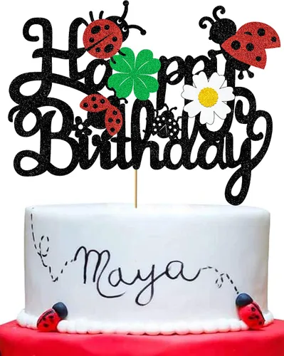Miniatura 4 de Decoración para tartas de mariquitas, decoración de feliz cumpleaños para niños y niñas, mariquita con purpurina, trébol de margaritas, suministros