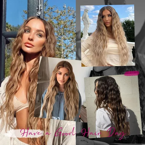 Miniatura 6 de REECHO Extensiones de cabello con clip, 5 piezas, de 24 pulgadas, de color rubio ceniza, extensiones de cabello con ondas largas y sueltas, HE002