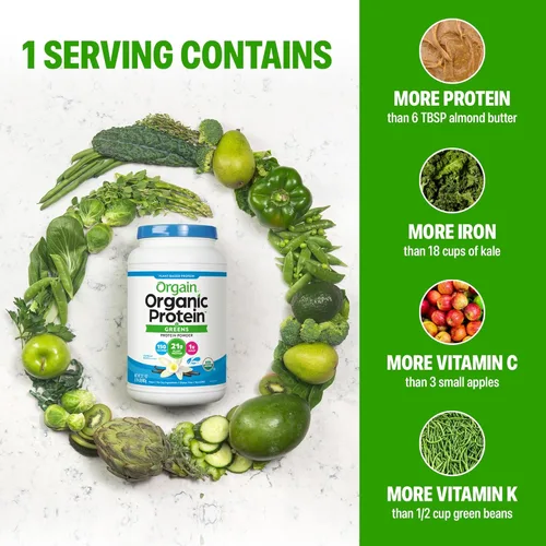 Miniatura 5 de Orgain Proteína vegana orgánica en polvo + verduras, vainilla – 0.74 oz de proteína a base de plantas, 0.16 oz de fibra prebiótica para la salud