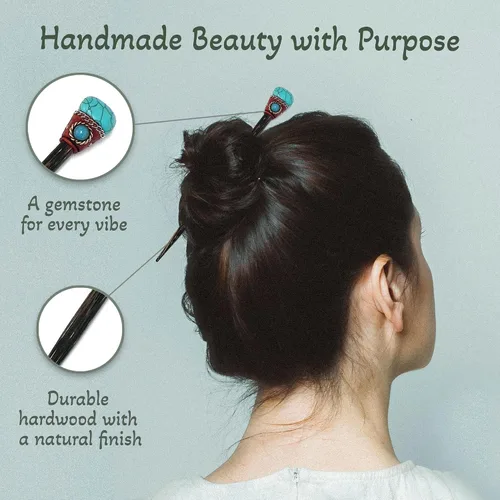 Miniatura 4 de Mia Jewel Shop - Varillas de madera con piedras preciosas curativas naturales surtidas – Palillos para el cabello hechos a mano para mujeres