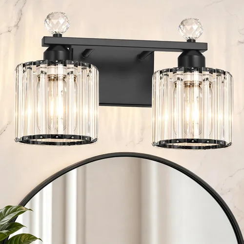 Lxybcce Moderna lámpara de tocador de baño de cristal, 14 pulgadas, 2 luces, accesorios de luz negra sobre el espejo, fácil instalación e