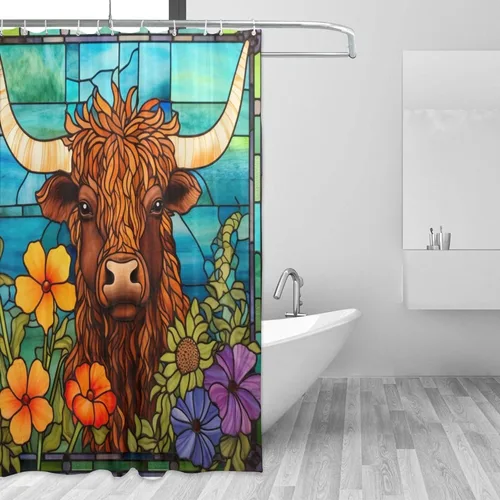 Miniatura 2 de Highland - Cortina de ducha de vaca para baño, diseño de hojas de flores, juego de cortina de ducha estilo bohemio, tela abstracta de animales