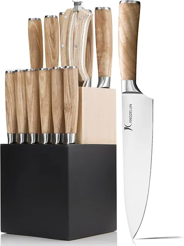 Miniatura 11 de Juego de 14 cuchillos Kangdelun Serie Natura, ultra afilados, de acero inoxidable de alto carbono con mango de madera