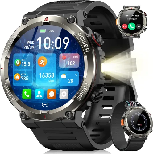 Military Smart Watch for Men(Answer/Make Calls),Outdoor Smartwatch with 100 Days Battery/Flashlight/Compass/Heart Rate/SpO2/Sleep Monitor/2 Straps,