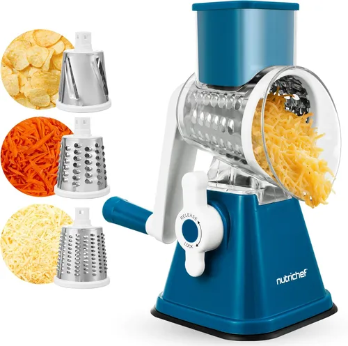 Miniatura 11 de Nutrichef Rallador y triturador de queso 3 en 1 Base de succión fuerte, mango giratorio con bloqueo de seguridad Incluye manivela y 3 cuchillas