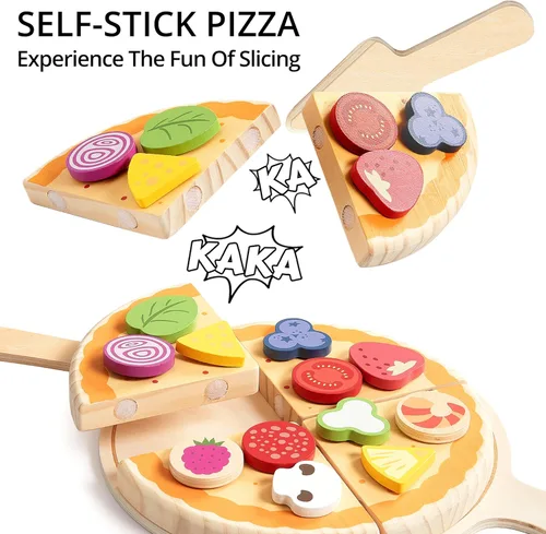 Miniatura 2 de PairPear Juego de comida de madera para cortar pizza, 28 piezas de juguete de pizza, juego de cocina Montessori, accesorios de cocina, regalo