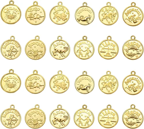 Miniatura 7 de Tupalizy 24 dijes de signo del zodiaco a granel para collares, pulseras, llaveros, aretes, gargantillas vintage redondas, 12 colgantes