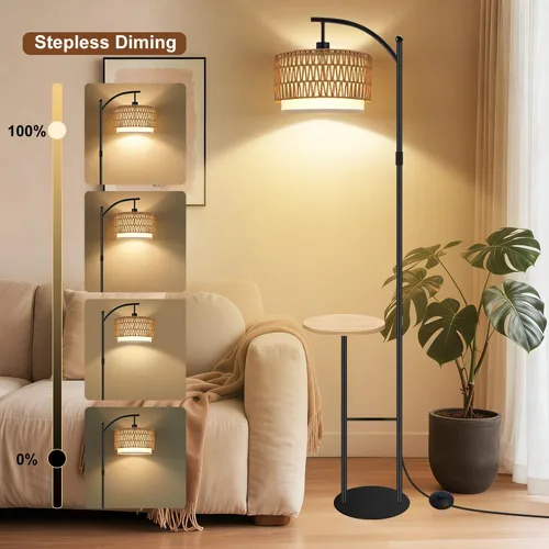 Miniatura 3 de Lámpara de pie de arco con mesa, lámparas de pie de ratán boho para sala de estar con control remoto regulable 3 temperaturas de color, lámpara
