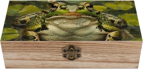 Lily and Frog - Caja de almacenamiento de madera grande retro con tapa con bisagras, 7.9 x 3.9 x 2.3 pulgadas, caja de recuerdos, estuche de