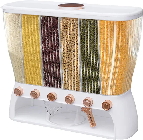 Dispensador de alimentos secos, 6 recipientes de almacenamiento de alimentos secos de rejilla, cubo de almacenamiento montado en la pared con taza