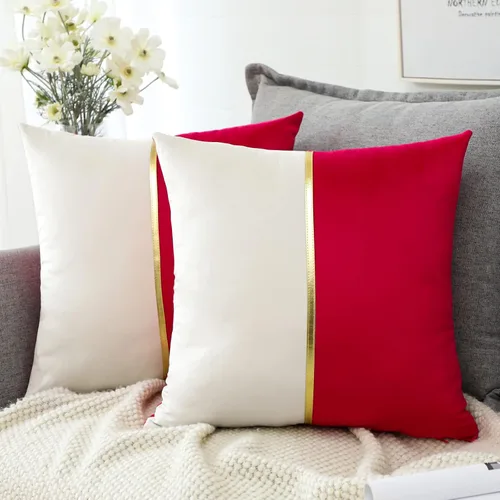 Miniatura 16 de OTOSTAR Fundas de almohada de terciopelo amarillo y blanco con retazo de cuero dorado, lujosas, modernas, minimalistas, cuadradas, para sala