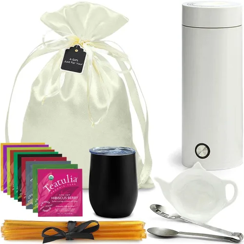 Juego de regalo de té orgánico con hervidor portátil (25 piezas) cesta para amantes del té para mujeres u hombres | Regalo de cumpleaños (Navidad,