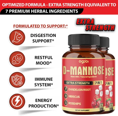 Miniatura 3 de 2 paquetes de 60 unidades de 4 meses – Cápsulas de D-manosa – Salud natural del tracto urinario y apoyo inmunológico – 7 en 1 con arándano, diente
