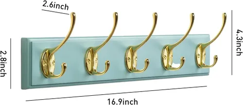Miniatura 2 de Perchero de bambú para montaje en pared, 17 pulgadas, 5 ganchos dobles, azul y dorado Natural