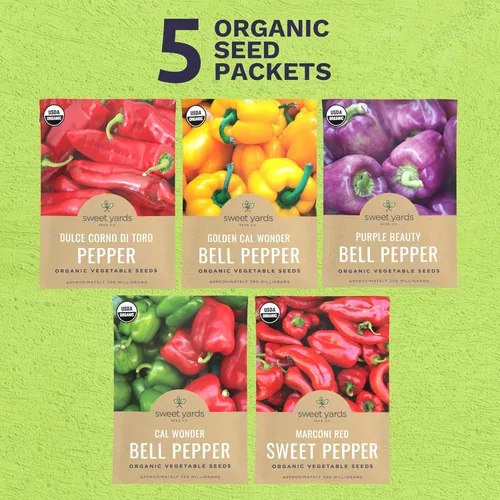 Miniatura 2 de Paquete variado de semillas de pimiento dulce orgánico, 5 paquetes individuales, temporada 2026, rojo, amarillo, verde y mucho más para plantar