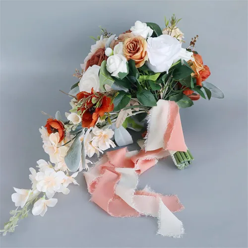 Miniatura 3 de Ramos de boda para novia, ramo en cascada para novia, boda, flores artificiales, ramo romántico rústico de boda (ramo naranja champán)