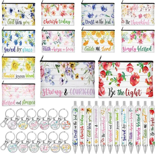 36 piezas de regalos cristianos para mujeres a granel, bolsas de maquillaje cristianas, llavero religioso, bolígrafos con versículos bíblicos, citas