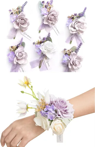 Miniatura 10 de Ling's Moment Paquetes de flores de boda prearreglados en azul polvoriento y azul marino, paquete de boutonnieres y ramilletes de muñeca