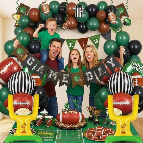 Miniatura 5 de Globos de fútbol verde oscuro, marrón y negro, globos con pancarta, colgante, remolino, poste de meta, globos de fútbol para deportes, cumpleaños