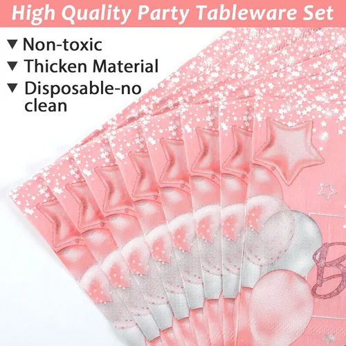Miniatura 4 de 96 piezas de suministros de primera fiesta para niña, platos de papel rosa de un año, decoración de primer cumpleaños, color rosa, desechable, juego