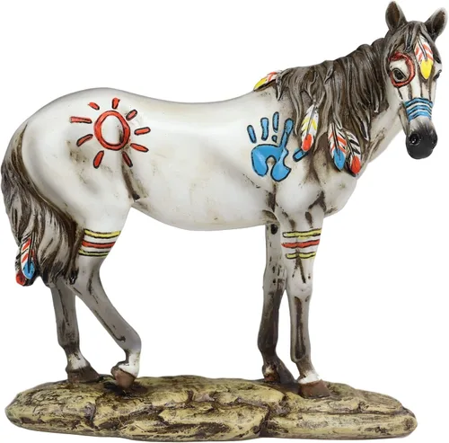 Ebros Ebros Ecuestre Tribal Belleza Medicina Espíritu Caballo Hecho a Mano Estatua de 8 pulgadas de alto, símbolos indios nativos americanos, plumas