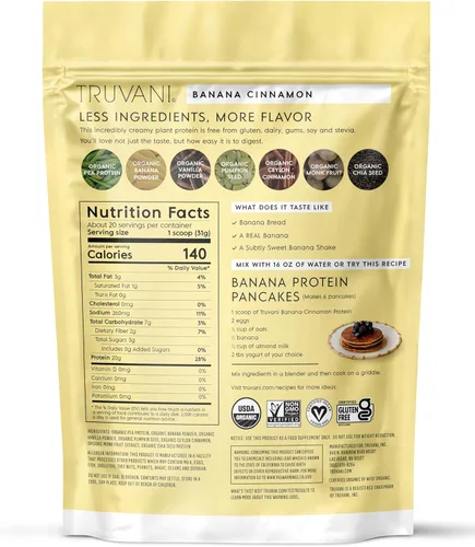 Miniatura 9 de Truvani Proteína en polvo de guisante vegana Banana Canela 20g de proteína vegetal orgánica 20 porciones Keto Sin gluten ni lácteos Bajo