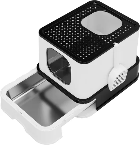 RIZZARI Caja de arena de acero inoxidable: diseño grande a prueba de fugas sin olor, revestimiento antiadherente de teflón, tamaño XL, negro, para