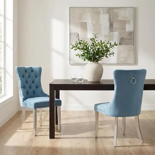 Miniatura 123 de OVENTA Juego de 4 sillas de comedor modernas tapizadas copetudas, terciopelo negro y gris y cuero con patas de madera maciza, sillas de cocina
