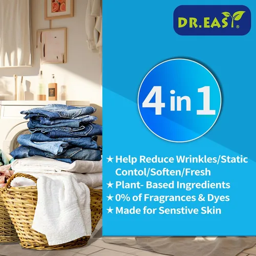 Miniatura 2 de DR.EASY - Hojas de secado a base de plantas, fórmula de 252 unidades, azul océano, hojas suavizantes para lavandería, sin perfume, sin colorantes