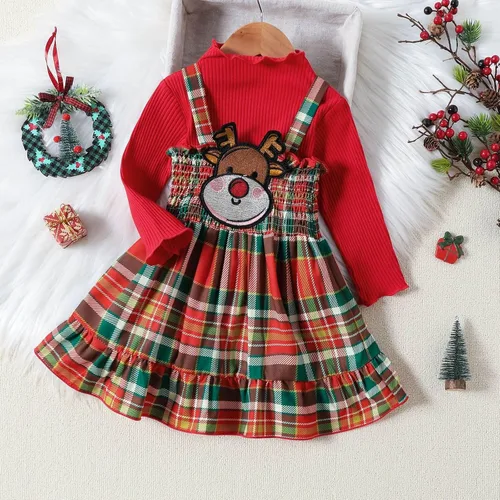 Miniatura 4 de Vestido de Navidad para niñas pequeñas, con base roja, lazo grande, a cuadros, ropa de bebé