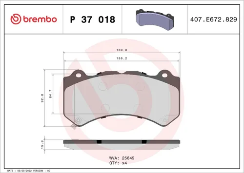 Miniatura 4 de Brembo P37018 Juego de pastillas de freno de disco delantero de acero de aleación Low-Met CADILLAC/CHEVROLET/DODGE/JEEP/NISSAN OE# 00K68144427AB
