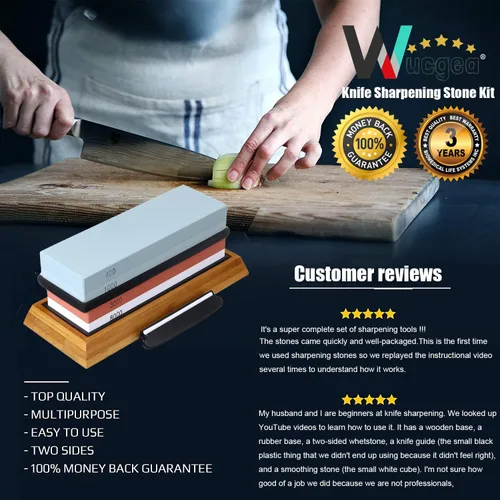 Miniatura 4 de Kit de piedra de afilar cuchillos – 400/1000 3000/8000 Grit Wet Kitchen Whetstone juego de afilador de cuchillos con base de goma de bambú