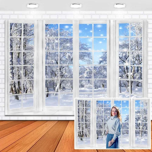Miniatura 9 de Leowefowa Fondo de vinilo de 5 x 3 pies para fotografía de ventana de invierno, pino, bosque de nieve, copo de nieve de Navidad, fondo de ventana