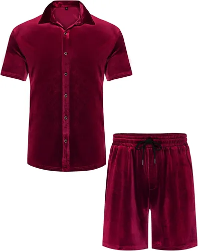 Miniatura 70 de LecGee Conjunto de pantalones cortos casuales de verano para hombre, camisa de terciopelo de manga corta con botones, pantalones cortos de cintura